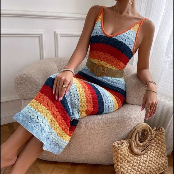 Boho Rainbow Color Block Knit Cami Crochet Maxi Dress WITHOUT BELT - Picture 3 of 9